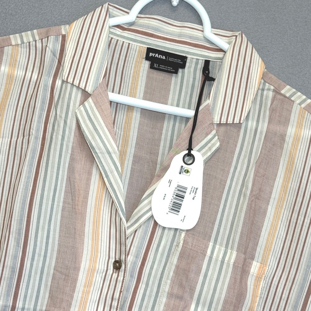 PRANA Iguala Top Shirt Womens XL Clay Stripe Tencel Modal Button Up Short Sleeve